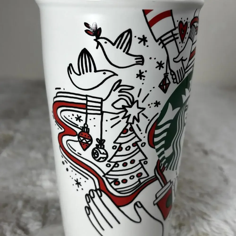 Starbucks Holiday Ceramic Travel Mug 12 oz Red White Green Tumbler w/ Lid